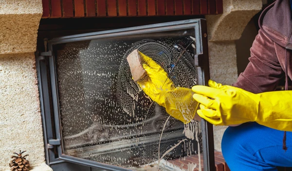 Une personne nettoie minutieusement la vitre d'un insert de cheminée avec un pulvérisateur et une éponge, portant des gants jaunes de protection