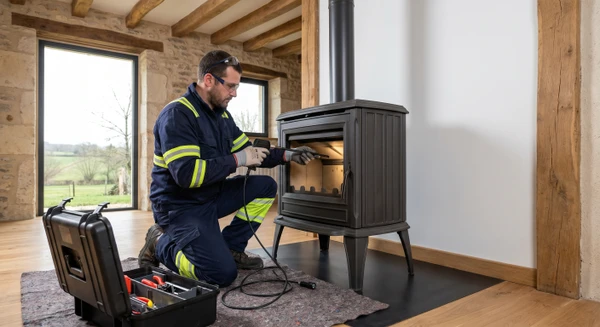 Un artisan fumiste en vêtements professionnels intervenant à l'intérieur d'une maison pour diagnostiquer ou réparer un poêle à bois, montrant l'inspection du conduit ou la maintenance d'une installation de chauffage existante, avec outillage spécialisé visible.