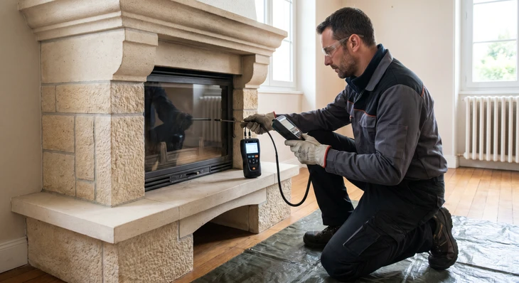 Artisan menuisier travaillant dans son atelier, concentré sur la mesure précise d'une pièce de bois avec un mètre ruban