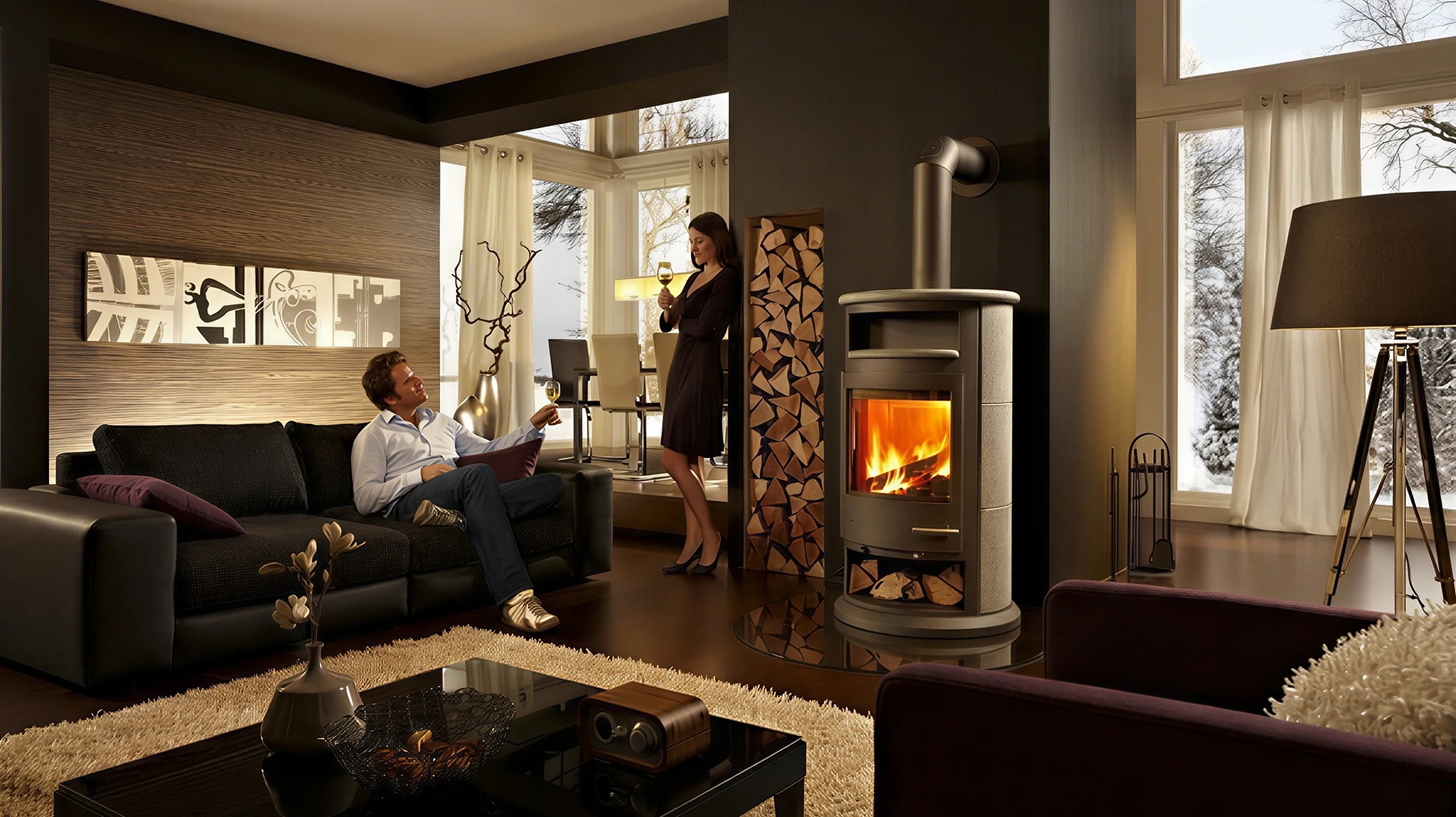 Intérieur domestique avec poêle à bois noir en fonte installé, feu allumé visible à travers la vitre ornementale