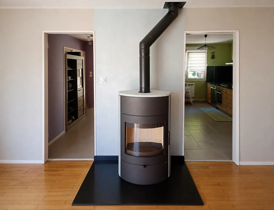 Intérieur chaleureux avec poêle à bois en fonctionnement, flammes vives orange et jaunes visibles à travers la vitre